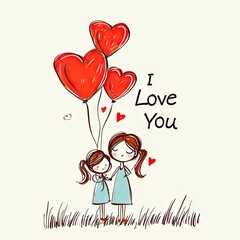 Cute little Girl with long Brown Hair in a Ponytail - Standing next to her Mother with Heart Red Balloons - Girl I Love You Valentine Clip Art Background created with Generative AI Technology