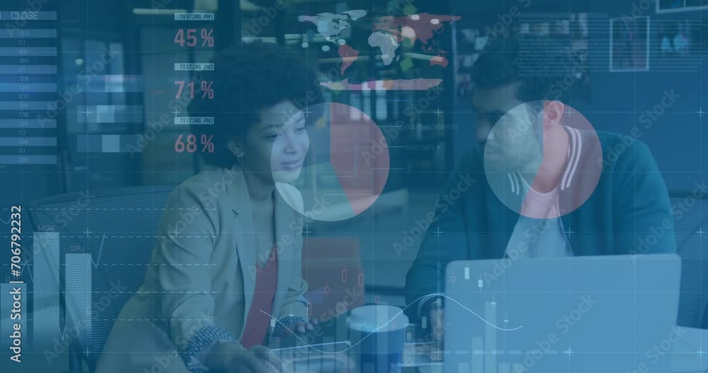 Wall mural Animation of financial data processing over diverse business people in office