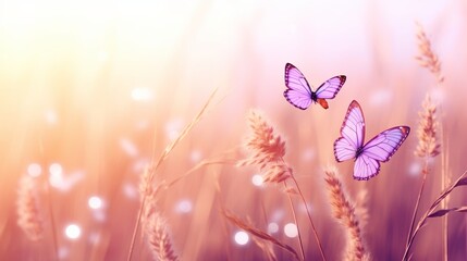 Enchanting macro view of wild pink flowering fluffy grass with fluttering butterflies in nature -...