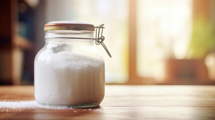 Closeup of a glass jar filled with homemade laundry detergent powder. - obrazy, fototapety, plakaty