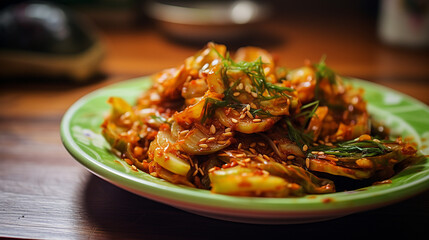 green onion kimchi korean food on green plate - obrazy, fototapety, plakaty