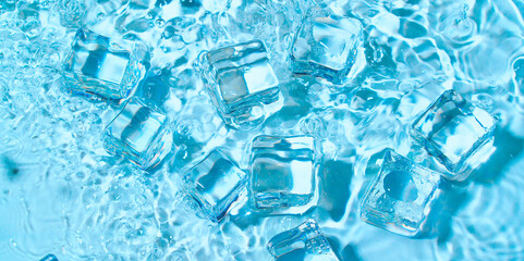 Blue water wave and ice cubes background.