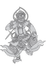 Hanuman line drawing in Thai traditional style for tattooing