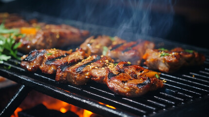 grilled pork barbecue korean style in restaurant - obrazy, fototapety, plakaty