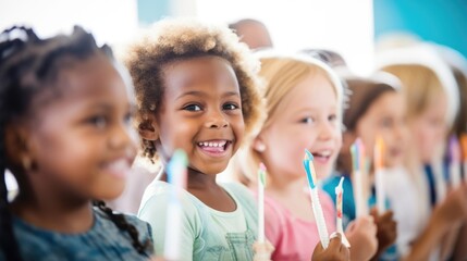 Closeup of a group of children receiving dental hygiene education at a schoolbased health fair. - obrazy, fototapety, plakaty