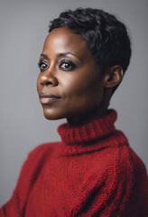 Black woman, short hair, red sweater