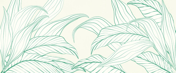Tropical art background with leaves of exotic plants in line art style. Vector botanical banner for decoration, print, textile, wallpaper, interior design, poster. - 706793432