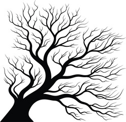 Dead, naked tree silhouette without leaves  black and white vector illustration isolated on transparent background