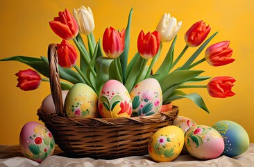 Basket with painted easter eggs, tulips, and a yellow background