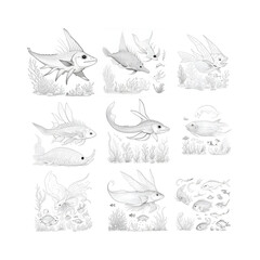 Sea creatures, kids coloring book, fish