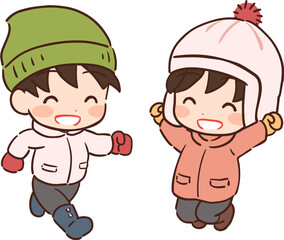 ジャンプしたり走る冬の子供たちのイラスト