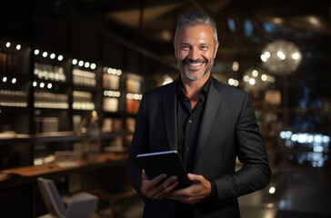 A man in a business suit with a tablet on the background of a bar