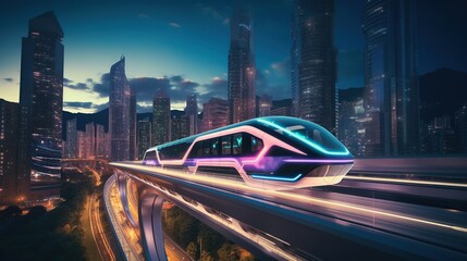 Futuristic train over the city of the future - obrazy, fototapety, plakaty