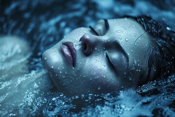 A woman is depicted laying in water with her eyes closed, creating a serene underwater portrait.