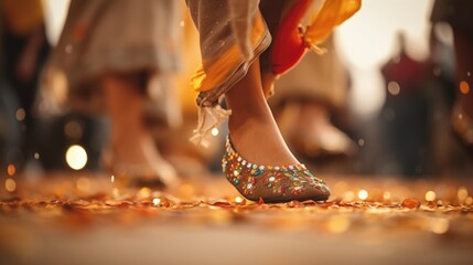 Closeup of a dancers feet as they move gracefully during a traditional cultural dance. - obrazy, fototapety, plakaty