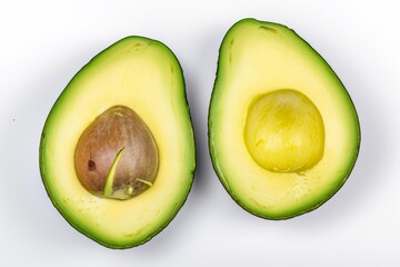 An avocado, cut in half, is displayed on a white surface, showcasing its green texture.