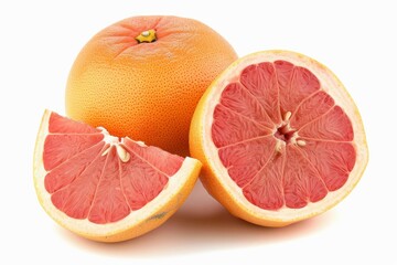 A grapefruit, cut in half, is displayed on a white surface, alongside orange slices.