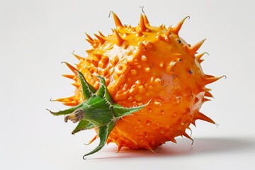 A Cucumis metuliferus fruit with orange spines is displayed on a white surface