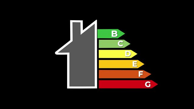 Class F Animation of House Showing Energy Efficiency of home appliances with Rate scale in black background. Concept of Ecological and bio energetic smart home performance certificate. Alpha included