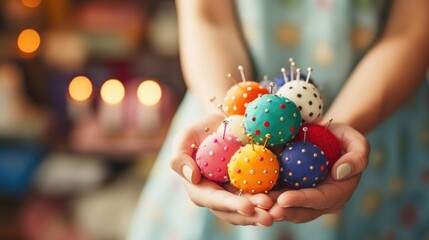Closeup of a tailors hand holding a pin cushion filled with colorful pins.