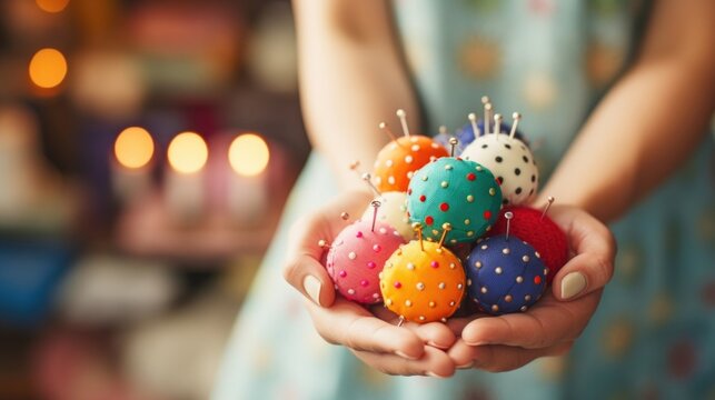 Closeup of a tailors hand holding a pin cushion filled with colorful pins.
