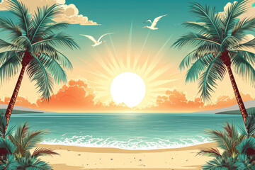 Fototapeta na wymiar beautiful summer on tropical beach with coconut trees, sun and decorative element.