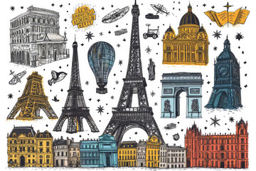 European cities symbols sketch. Hand drawn tourist collage