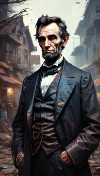 oil painting with heavy impasto anime a full shot Abraham Lincoln
