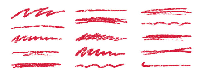 Crayon brush stroke red underline. Chalk pen highlight stroke. Vector hand drawn brush underline element set for accent, crayon texture emphasis element. Red chalk vector illustration - obrazy, fototapety, plakaty