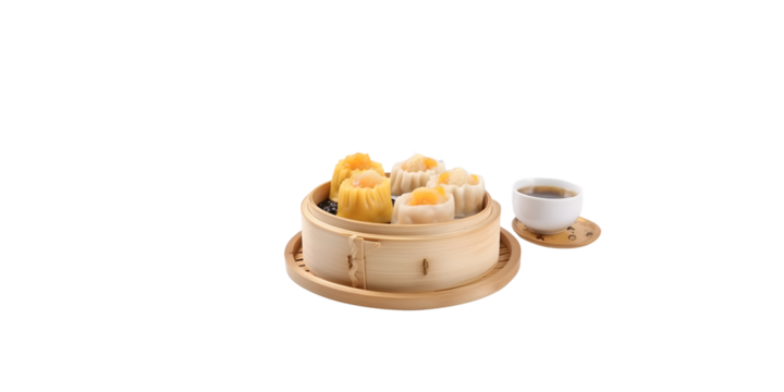 Prawn shrimp shaomai dim sum dumpling in bamboo steamer, Dim sum with shrimp on wooden plate on dark stone table macro close up transparent background