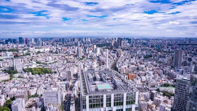 High wide Time-Lapse Tokyo City Skyline Aerial View with Passing Clouds on a Vibrant Day