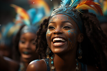 Mujer afrodescendiente muy feliz con la cara pintada y una corona de plumas de colores disfruta de...