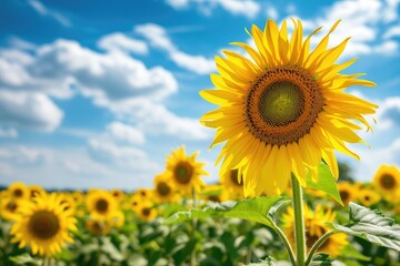A vibrant sunflower field under a blue sky
