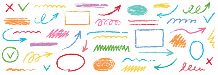 Chalk scribble arrow, line brush set. Crayon arrow, underline, handwritten mark check elements. Vector hand drawn scribble crayon, marker color brush texture. Rough chalk vector illustration - obrazy, fototapety, plakaty