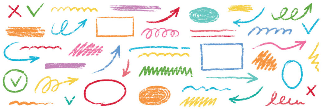 Chalk scribble arrow, line brush set. Crayon arrow, underline, handwritten mark check elements. Vector hand drawn scribble crayon, marker color brush texture. Rough chalk vector illustration
