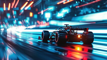 Fototapeta premium Fast racing car with racer driving along the street with blurred lights and neon. Evening race. Concept of motor sport, racing, competition, speed, win, success, power