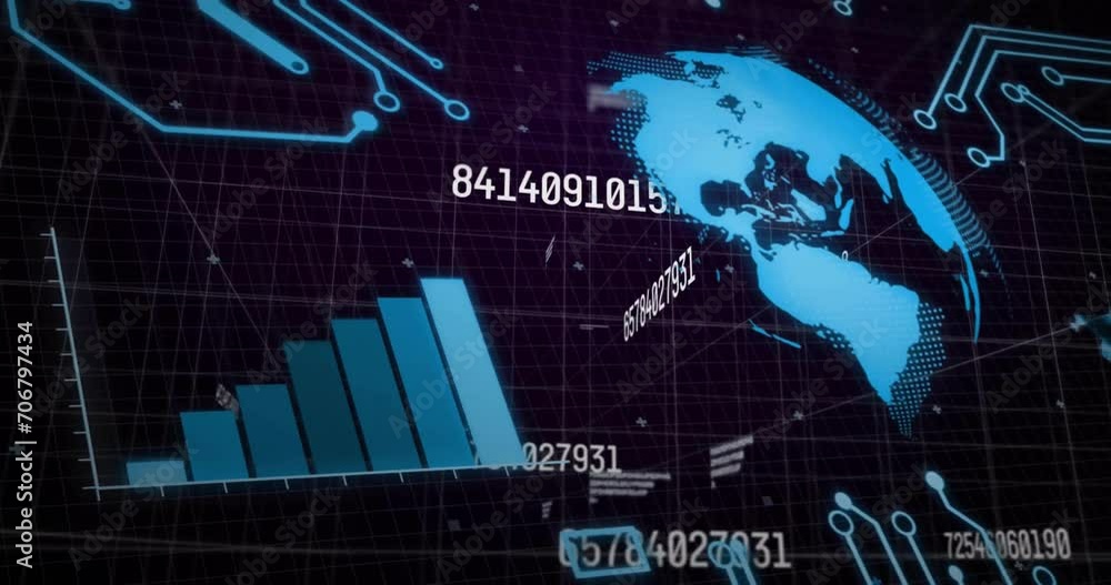 Poster animation of circuit board, data processing over globe