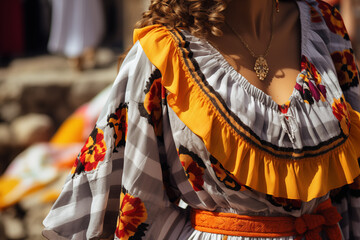 Detalle de Vestido alegórico blanco y naranja con detalles de flores estilo tradicional latinoamericano 