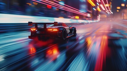 Fast racing car with racer driving along the street with blurred lights and neon. Evening race. Concept of motor sport, racing, competition, speed, win, success, power - obrazy, fototapety, plakaty