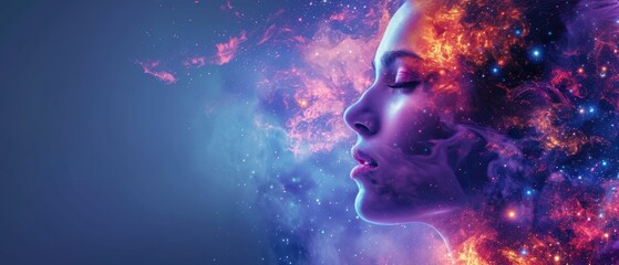 beautiful fantasy abstract portrait of a beautiful woman double exposure with a colorful digital paint splash or space nebula - obrazy, fototapety, plakaty