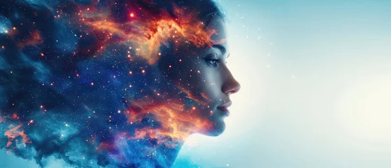 Muurstickers beautiful fantasy abstract portrait of a beautiful woman double exposure with a colorful digital paint splash or space nebula © Adriana