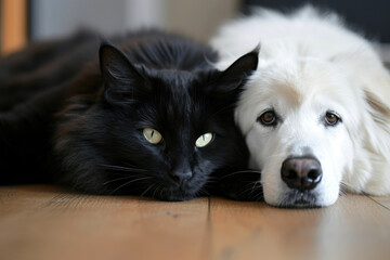 white dog and black cat looking at the camera lying together on the floor.AI generative