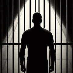 silhouette of a prisoner behind bars. Man in prison, desperate criminal holding jail bars feeling regret for committing crime. 