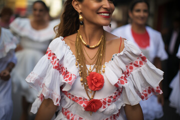 Vestido alegórico blanco con detalles rojos estilo tradicional latinoamericano  - obrazy, fototapety, plakaty