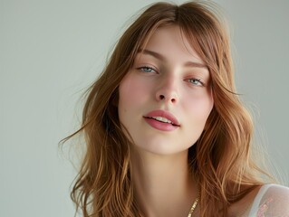 Naklejka premium Serene Beauty with Soft Brown Tresses. Generative AI.