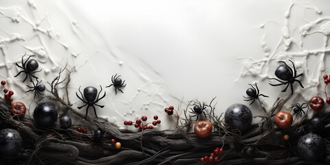 White Halloween banner with spiderweb and spiders