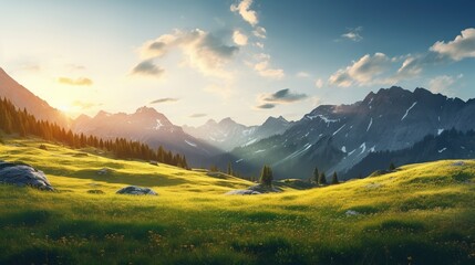 Lush grasslands with majestic mountains