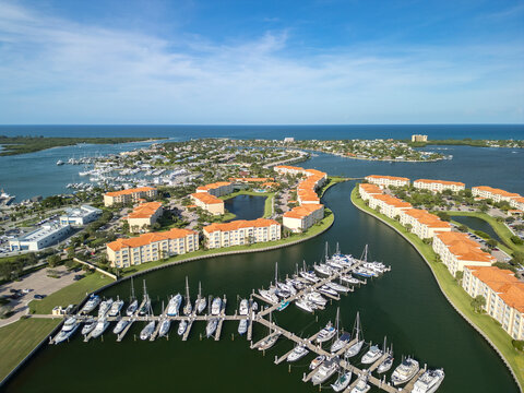 Harbor surrounded by waterfront apartments and condos in the city of Fort Pierce on Treasure Coast of Florida in St. Lucie County	