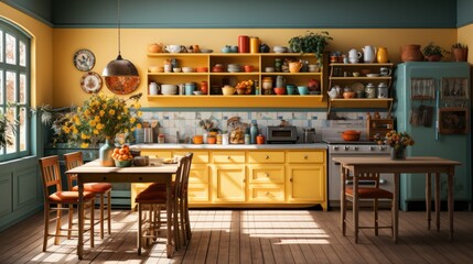 bright kitchen with furniture, fruit, flowers