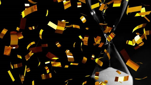 Animation of confetti falling over champagne glass